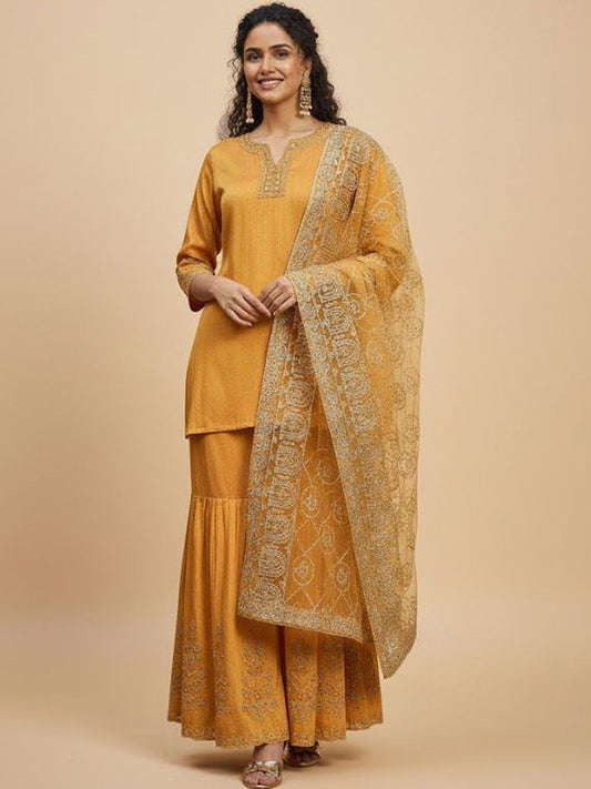 Dhiyona HOP Embroidered Round-Neck Straight Kurti & Sharara With Dupatta
