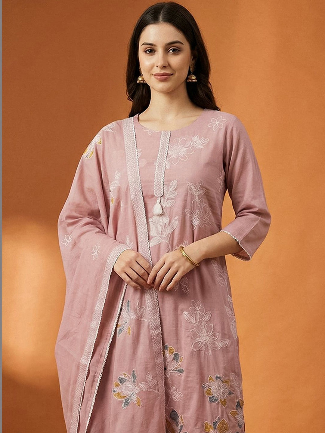 Pink Embroidered Straight Kurta Trousers Dupatta Set Kurta Sets