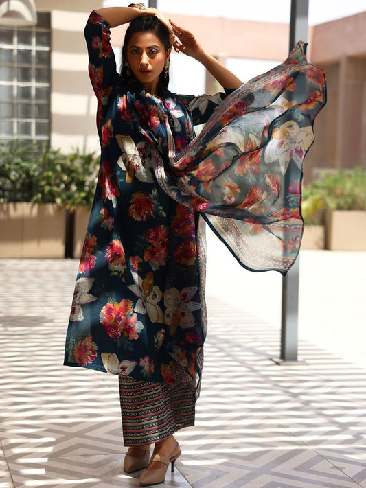 Floral Printed Straight Kurta With Palazzos & Dupatta