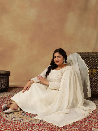 Dhiyona IN Chevron Embroidered Thread Work Anarkali Cotton Kurta with Trouser & Dupatta