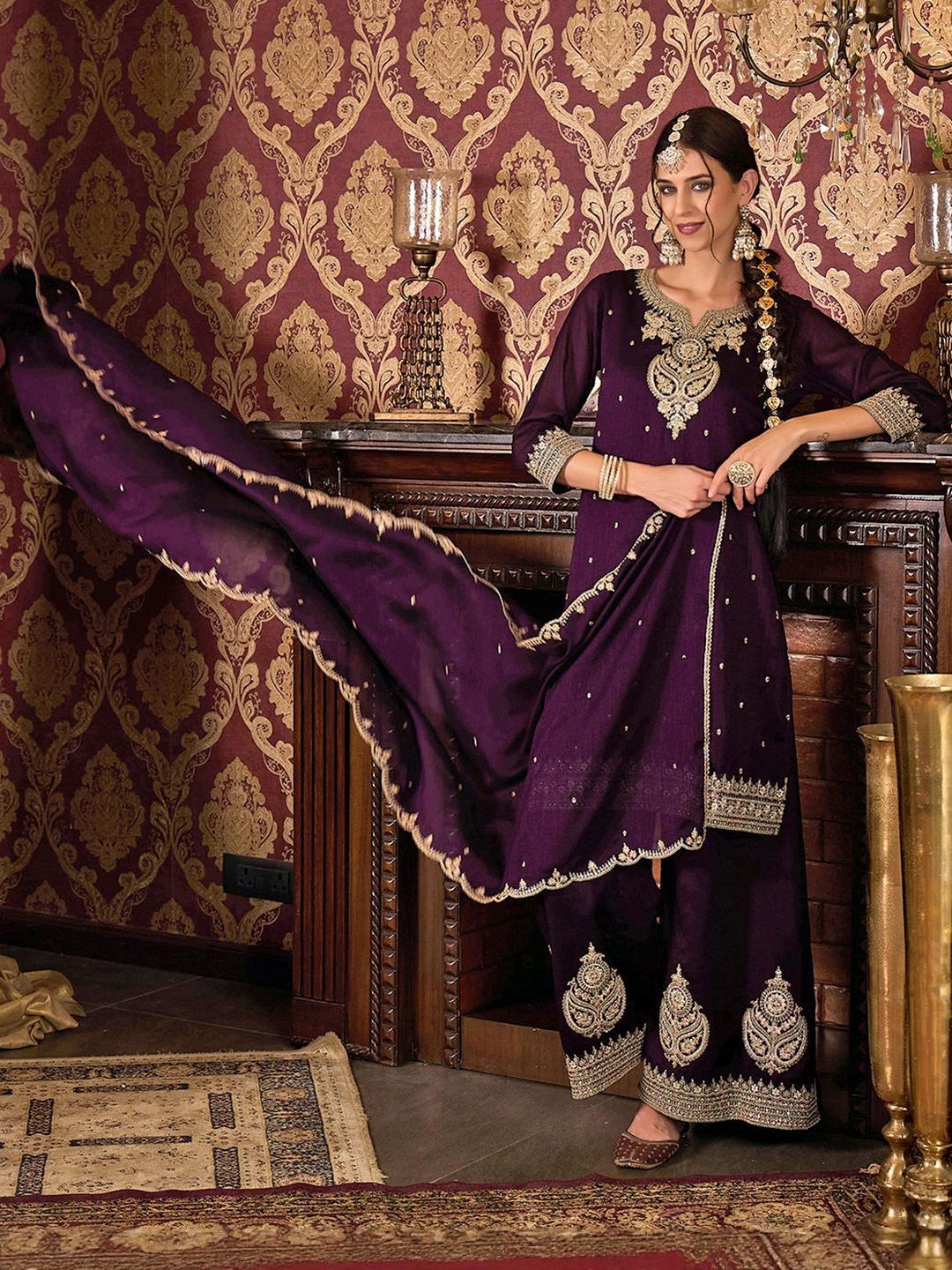 Dhiyona CH Women Ethnic Motifs Embroidered Regular Chinon Kurta with Palazzos & Dupatta