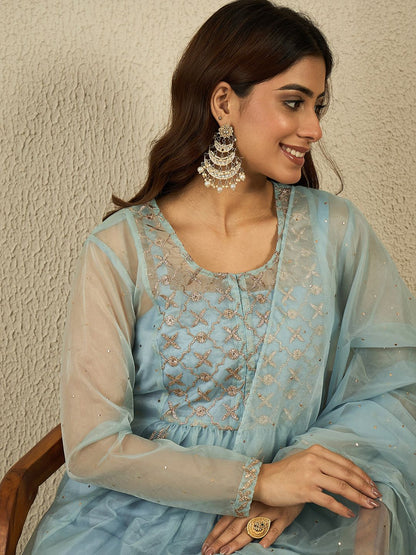 Dhiyona IN Women Ethnic Zari Mukaish Embroidered Kurta Set with Dupatta
