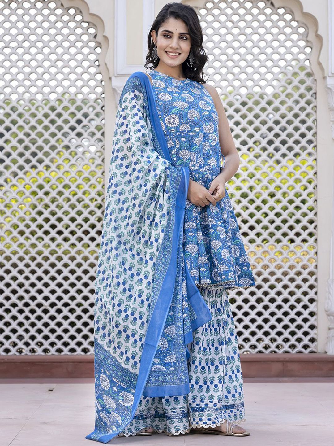 Dhiyona KL Floral Printed Anarkali Pure Cotton Kurta With Palazzos & Dupatta