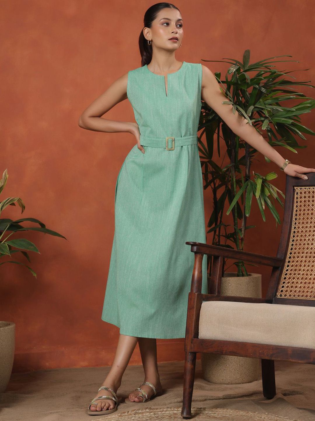 Dhiyona AY Women's Self Design Cotton Sleeveless Cotton Fit & Flare Midi Dress With Belt