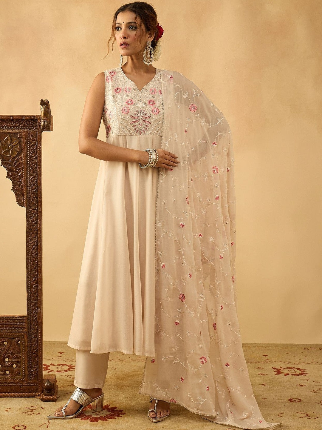 Embroidered Anarkali Kurta With Trouser & Dupatta