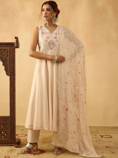 Embroidered Anarkali Kurta With Trouser & Dupatta