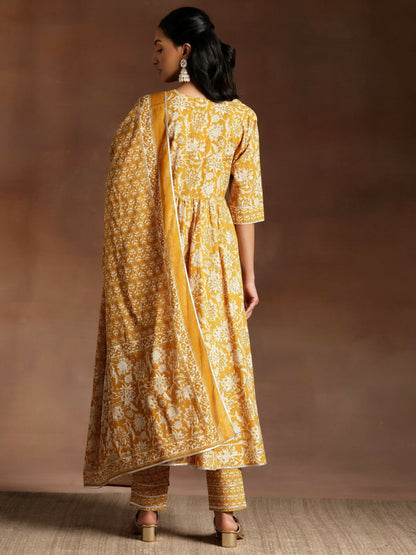 Women's LB Mustard Printed Cotton Anarkali Suit With Dupatta