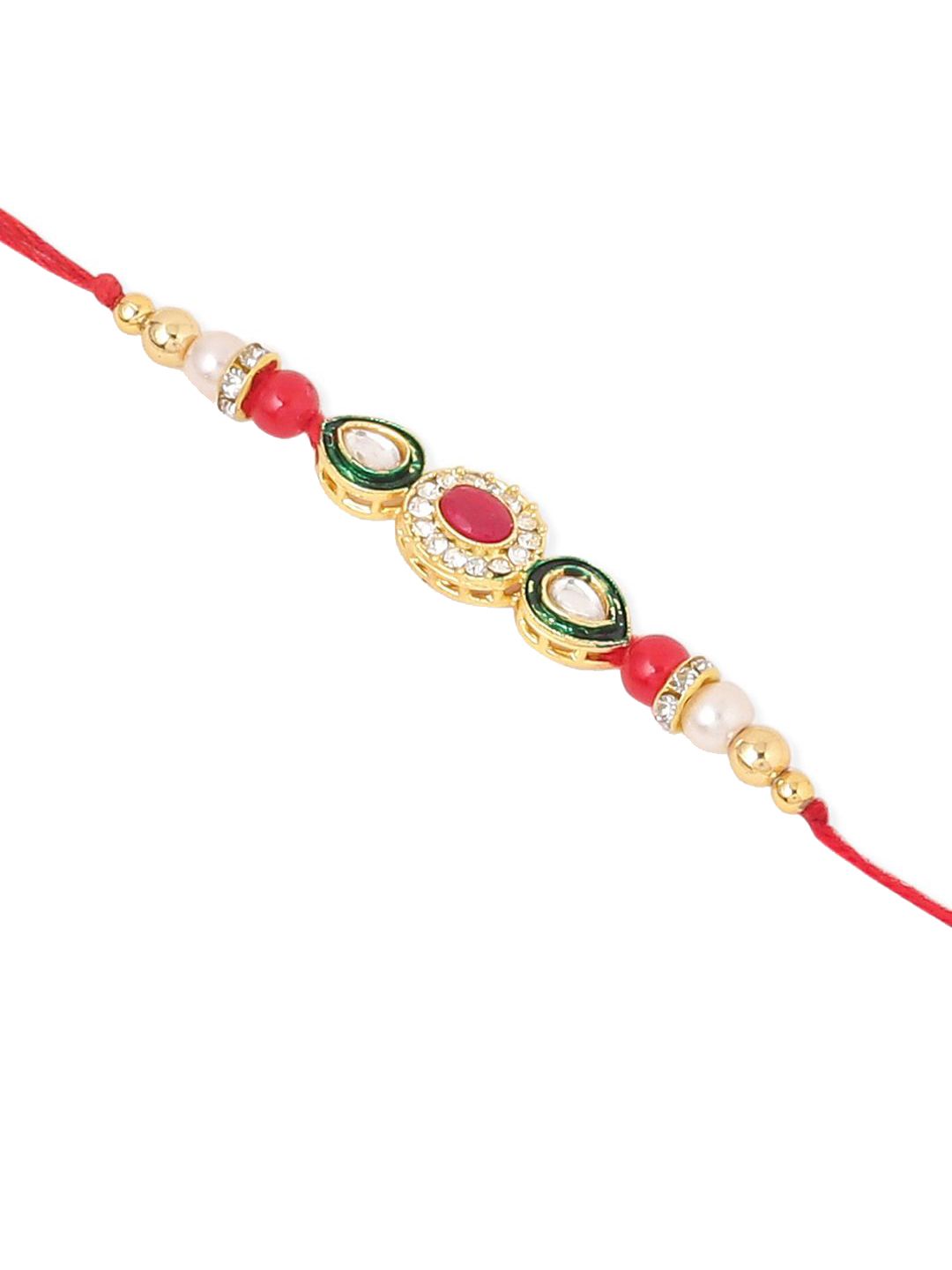 Dhiyona Set Of 2 Multicolor Oval Shape Kundan Studded & Beads Bhaiya Bhabhi Rakhi