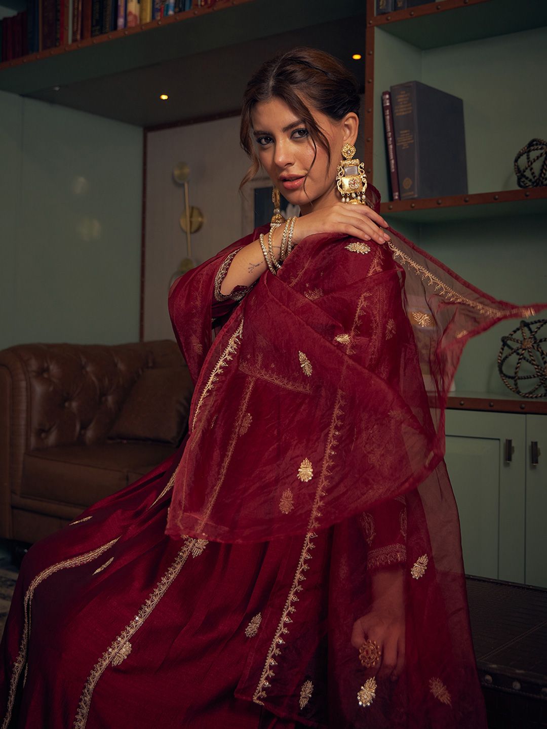 Dhiyona CH Women Embroidered Panelled Sequinned Kurta with Trousers & Dupatta