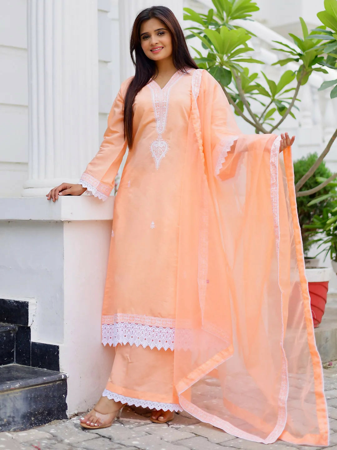 Women's LB Peach Embroidered Silk Blend A-Line Kurta With Palazzos & Dupatta