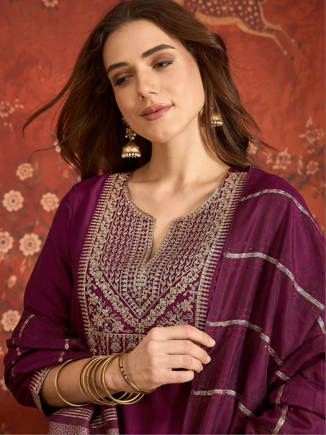 Women Ethnic Motifs Embroidered Regular Thread Work Kurta with Trousers & With Dupatta