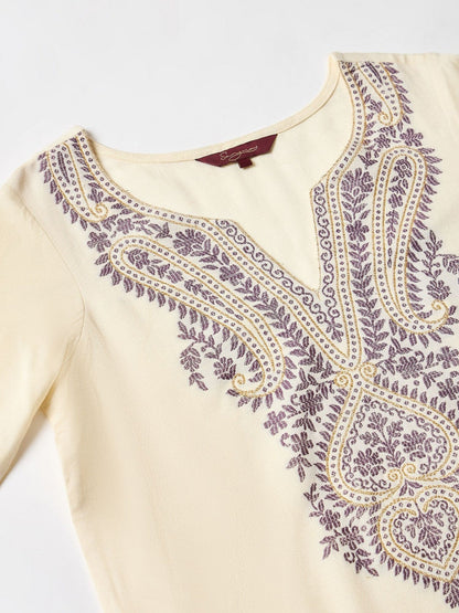 Paisley Yoke Design Flared Sleeves Jacquard Pashmina Wool Kurti With Palazzos