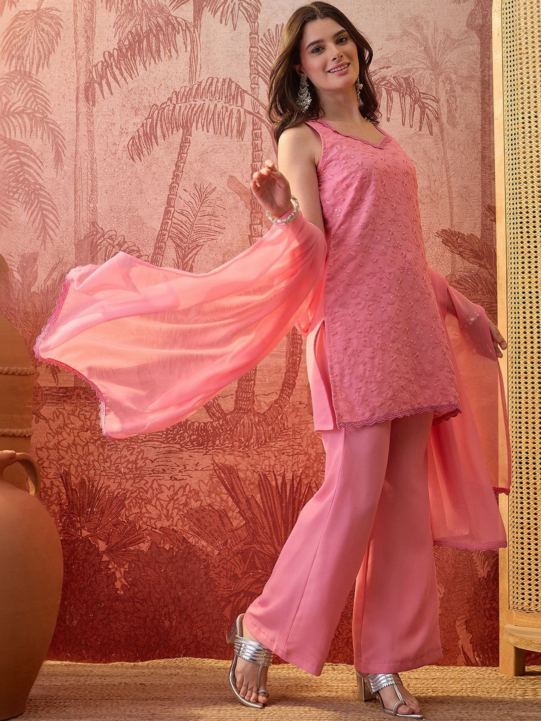 Embroidered Sweetheart Neck Kurta Palazzos & Dupatta