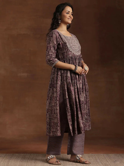 Women's LB Wine Printed Silk Blend A-Line Kurta With Trousers & Dupatta