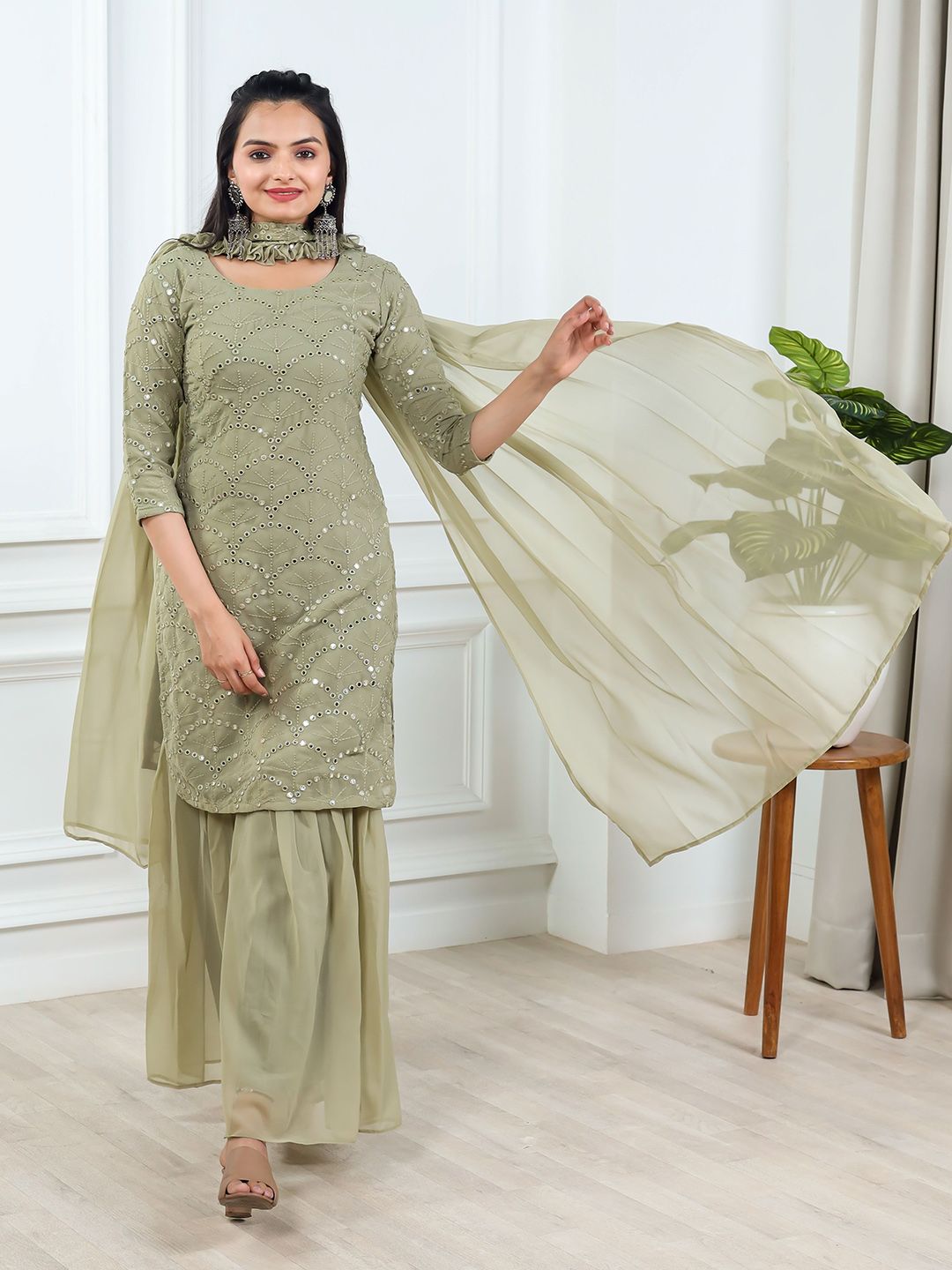 Dhiyona KL Geometric Embroidered Mirror Work Straight Kurta With Sharara & Dupatta