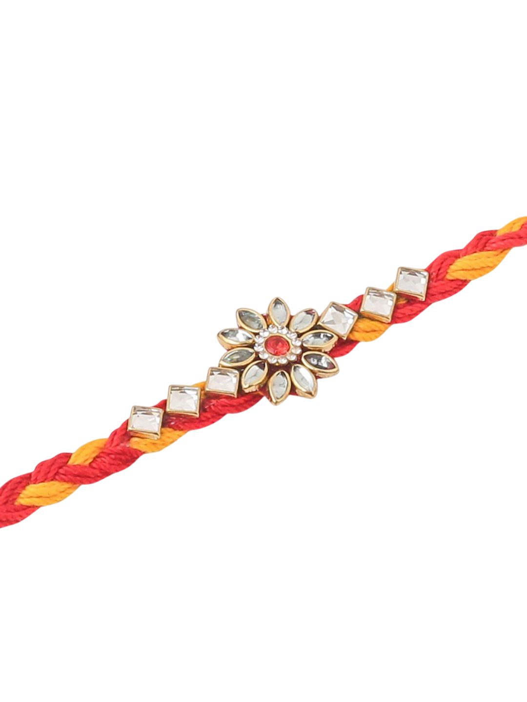 Dhiyona Set Of 6 Kundan Studded Floral Thread Rakhis With Roli Chawal Chandan & Mishri