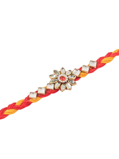 Dhiyona Set Of 6 Kundan Studded Floral Thread Rakhis With Roli Chawal Chandan & Mishri