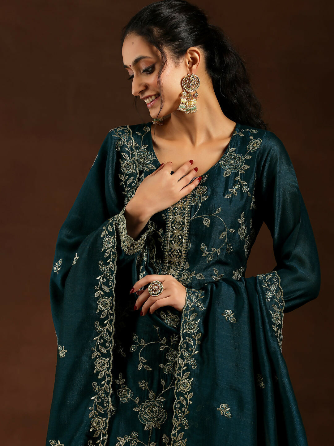 Women's LB Teal Embroidered Silk Blend Straight Suit With Dupatta