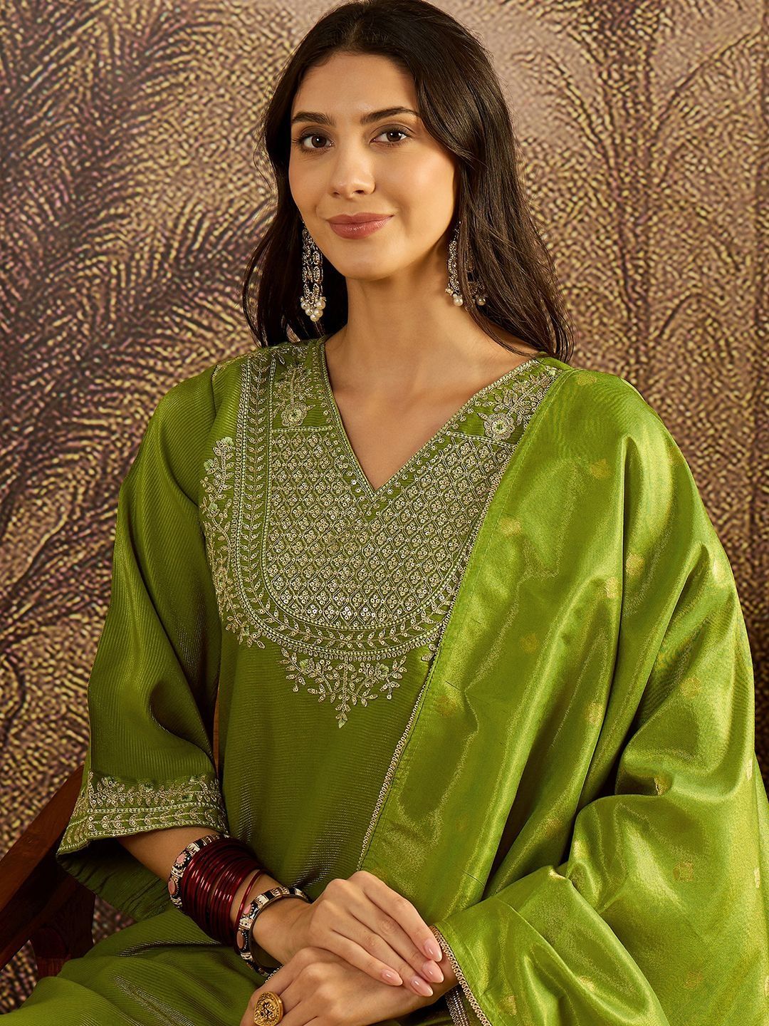 Dhiyona SN Floral Embroidered V-Neck Sequinned Kurta With Palazzos & Dupatta