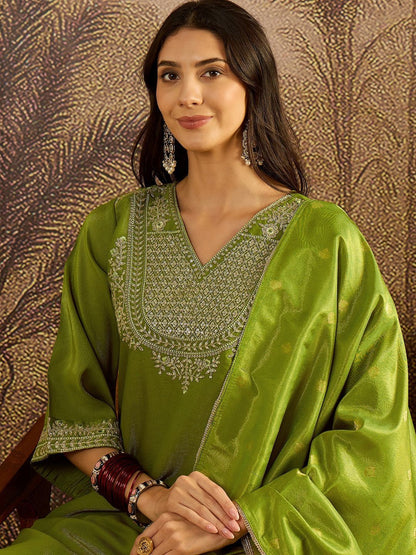 Dhiyona SN Floral Embroidered V-Neck Sequinned Kurta With Palazzos & Dupatta