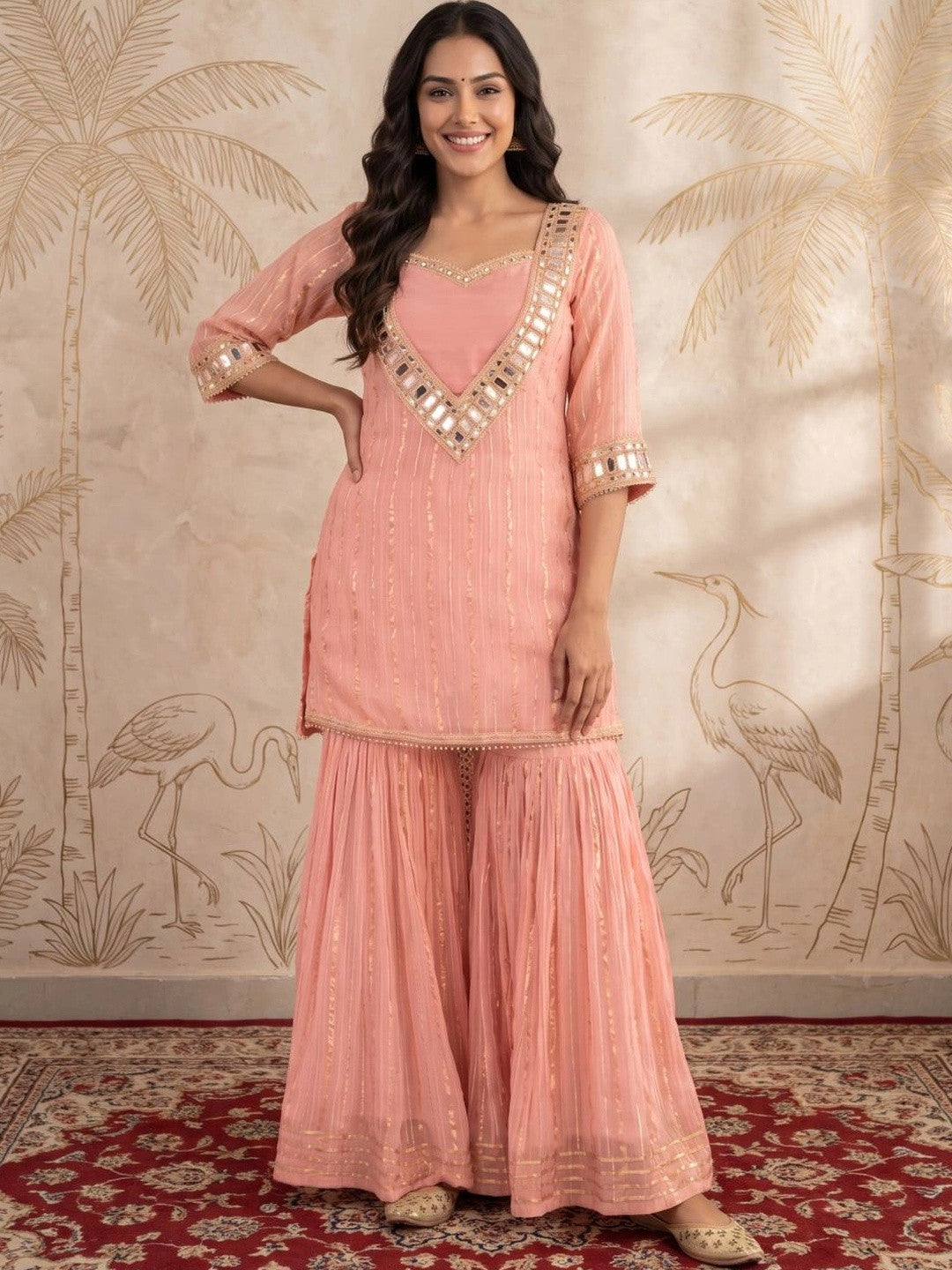 Women Regular Mirror Work Kurta with Sharara