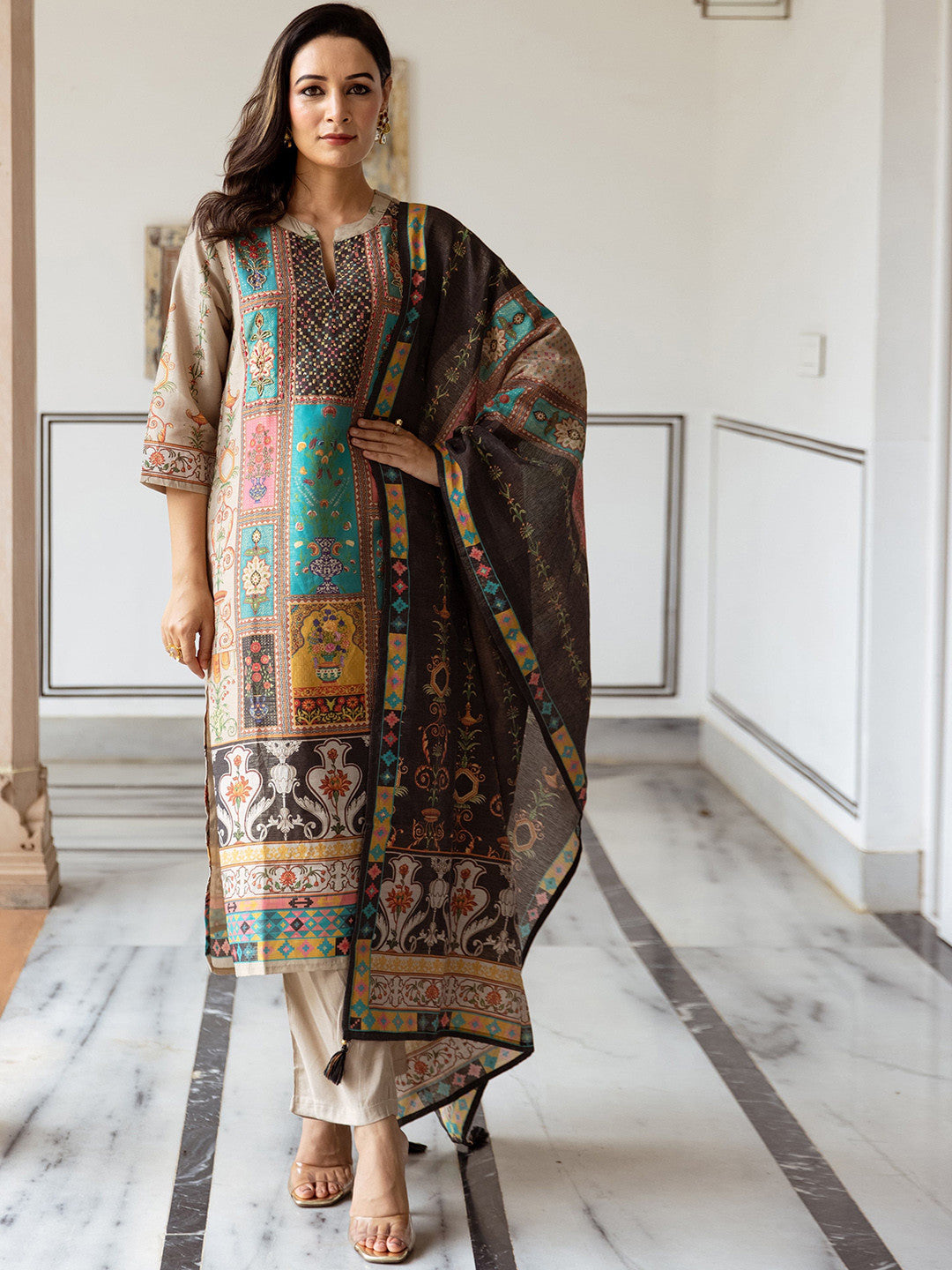 Ethnic Motifs Printed Mandarin Collar Modal Tissue Kurta & Trousers With Dupatta
