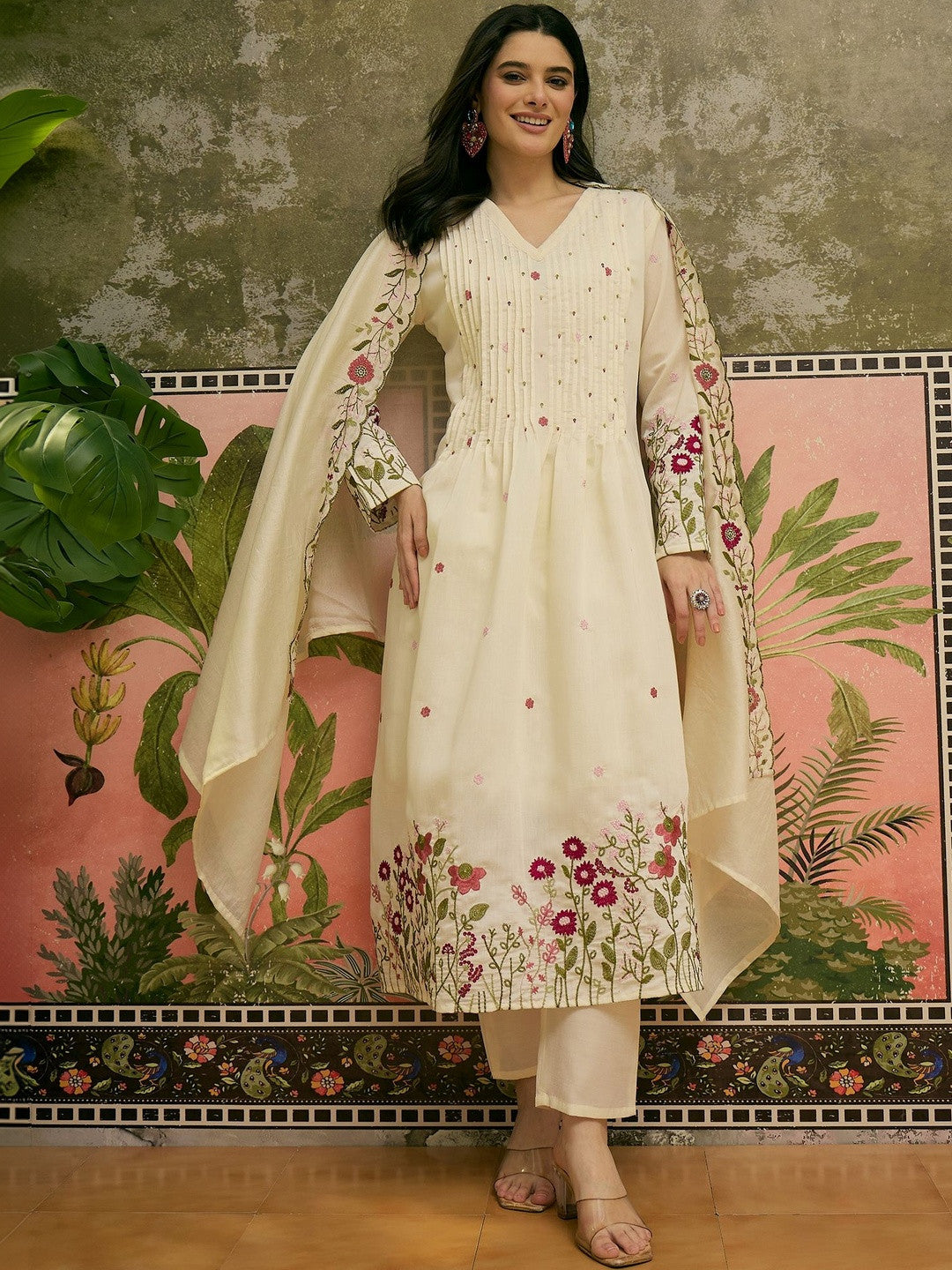 Dhiyona SN Embroidered V-Neck Kurta & Trousers with Dupatta Set