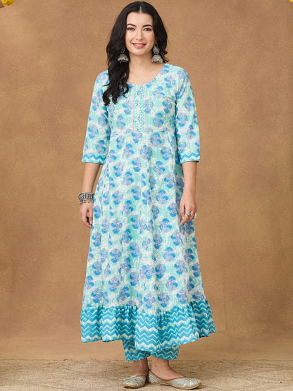 Women Floral Printed Miror Embroided Neck Anarkali Kurta Set With Tasseled Dupatta
