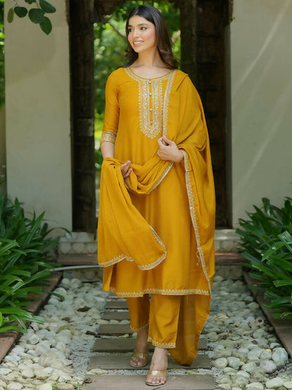 Women's LB Mustard Yoke Design Silk Blend A-Line Kurta With Trousers & Dupatta