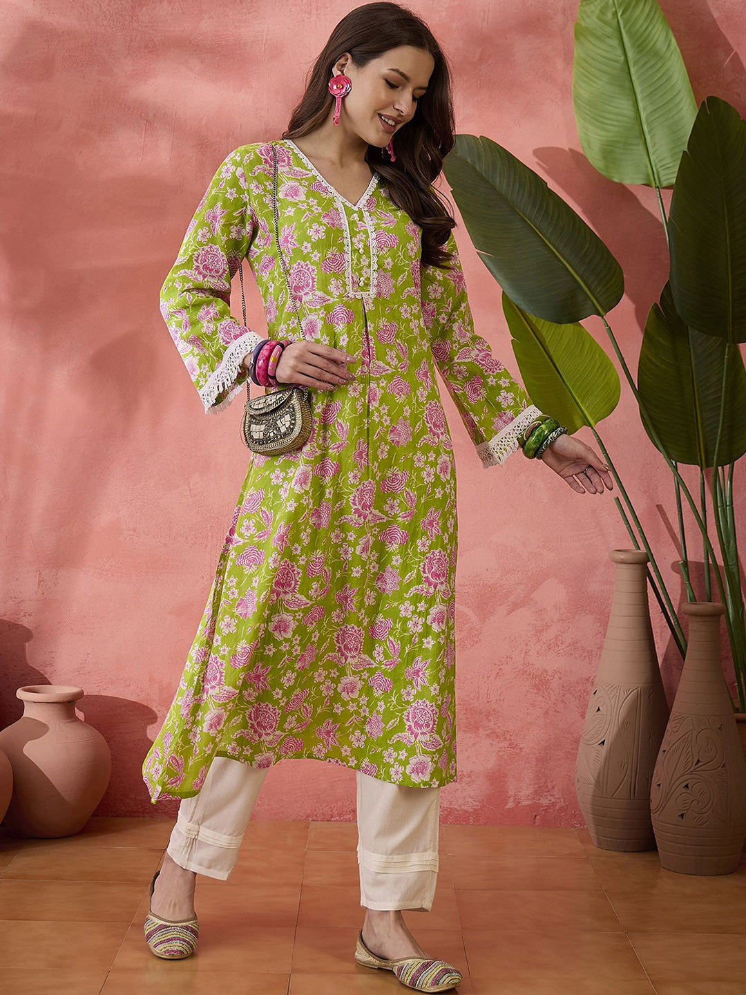 Floral Printed Cotton V-Neck Straight Kurta With Trouser