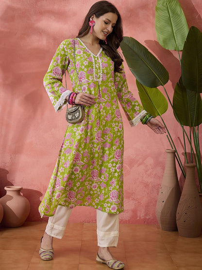Floral Printed Cotton V-Neck Straight Kurta With Trouser