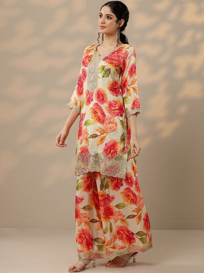 Dhiyona LL Women Floral Printed Above Knee Regular Straight Kurta with Palazzos & Dupatta
