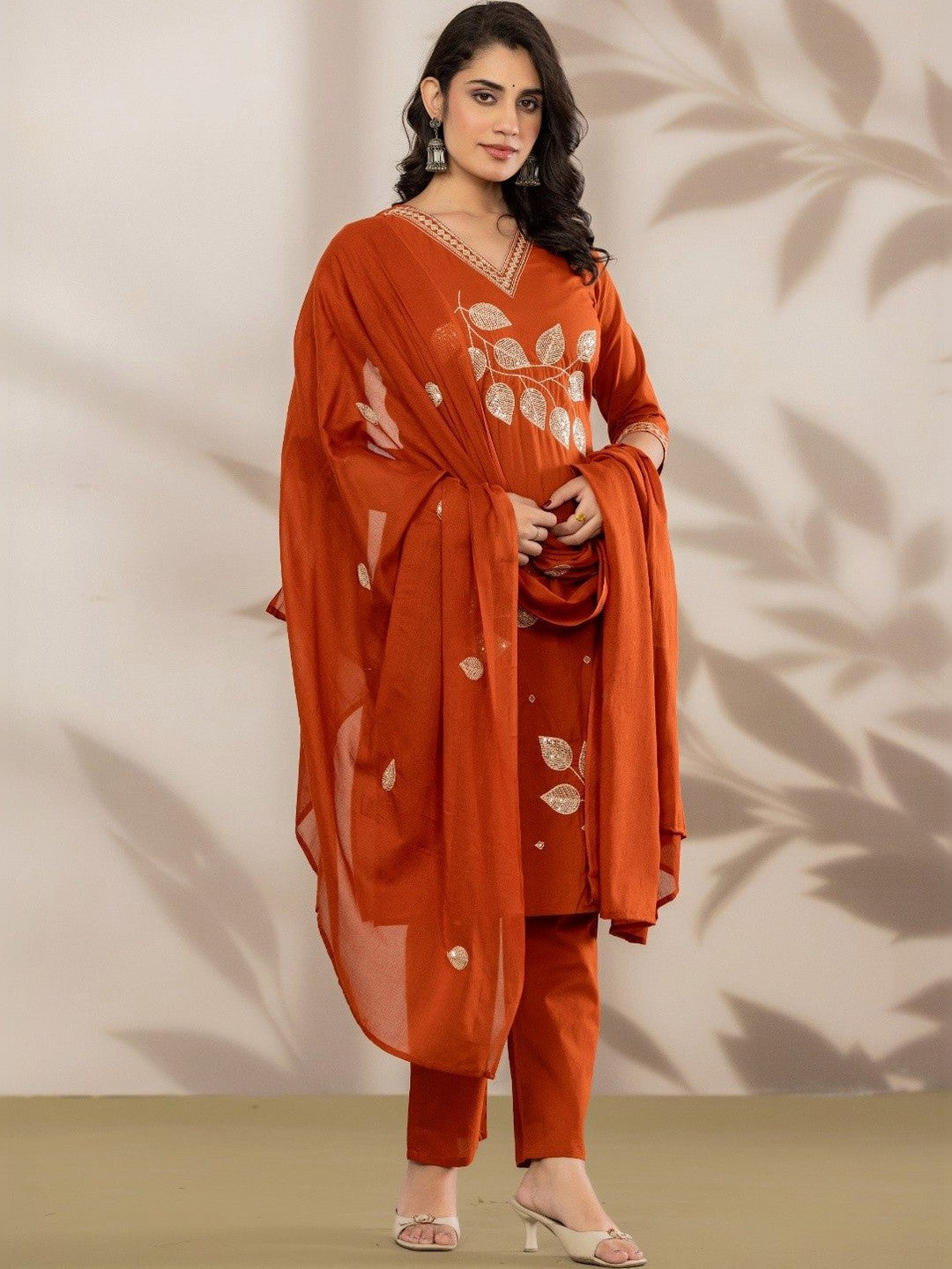 Women Ethnic Motifs Embroidered Regular Sequinned Pure Cotton Kurta with Trousers & With Dupatta
