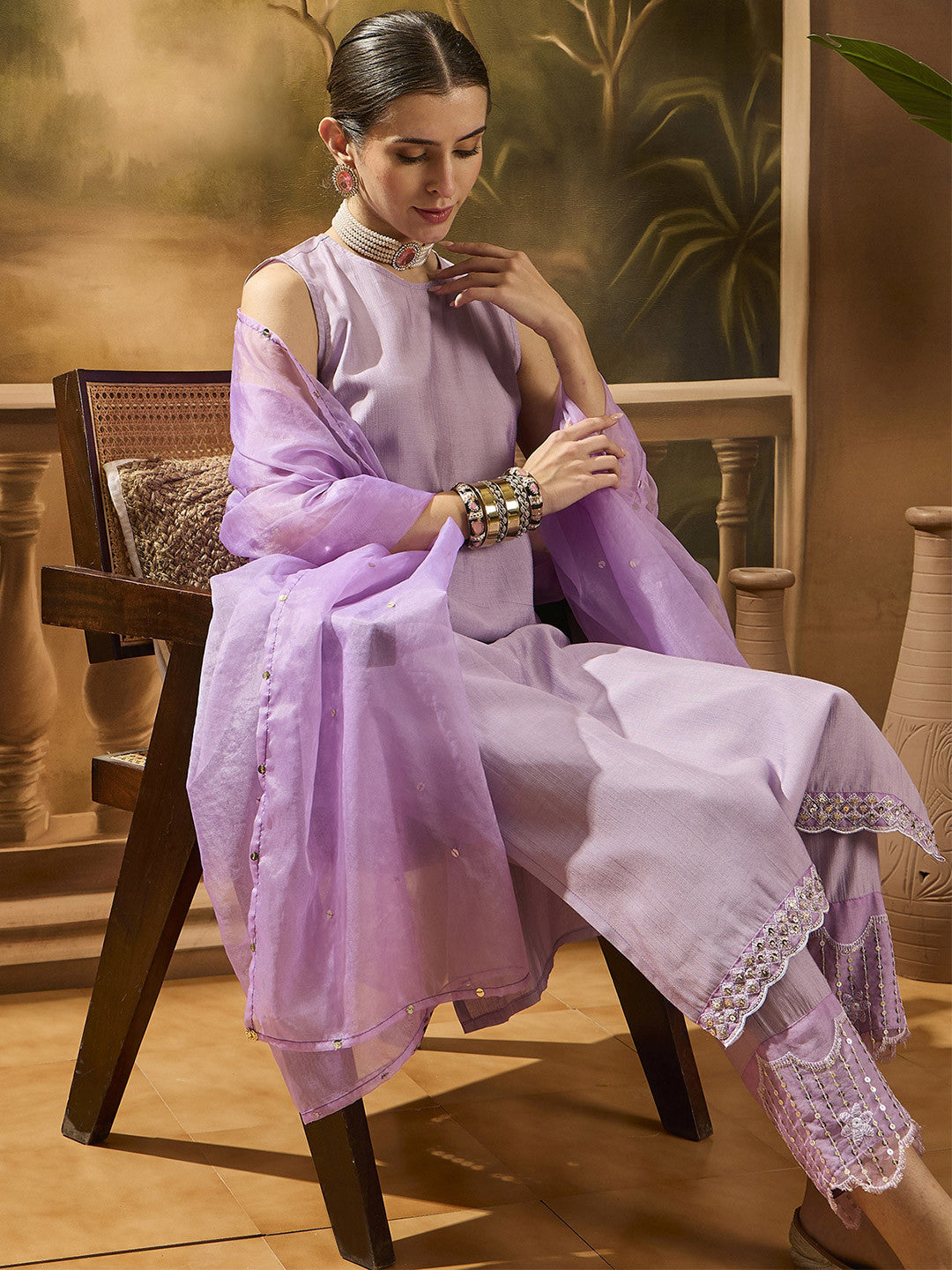 Sleeveless Kurta With Trousers & Dupatta Set