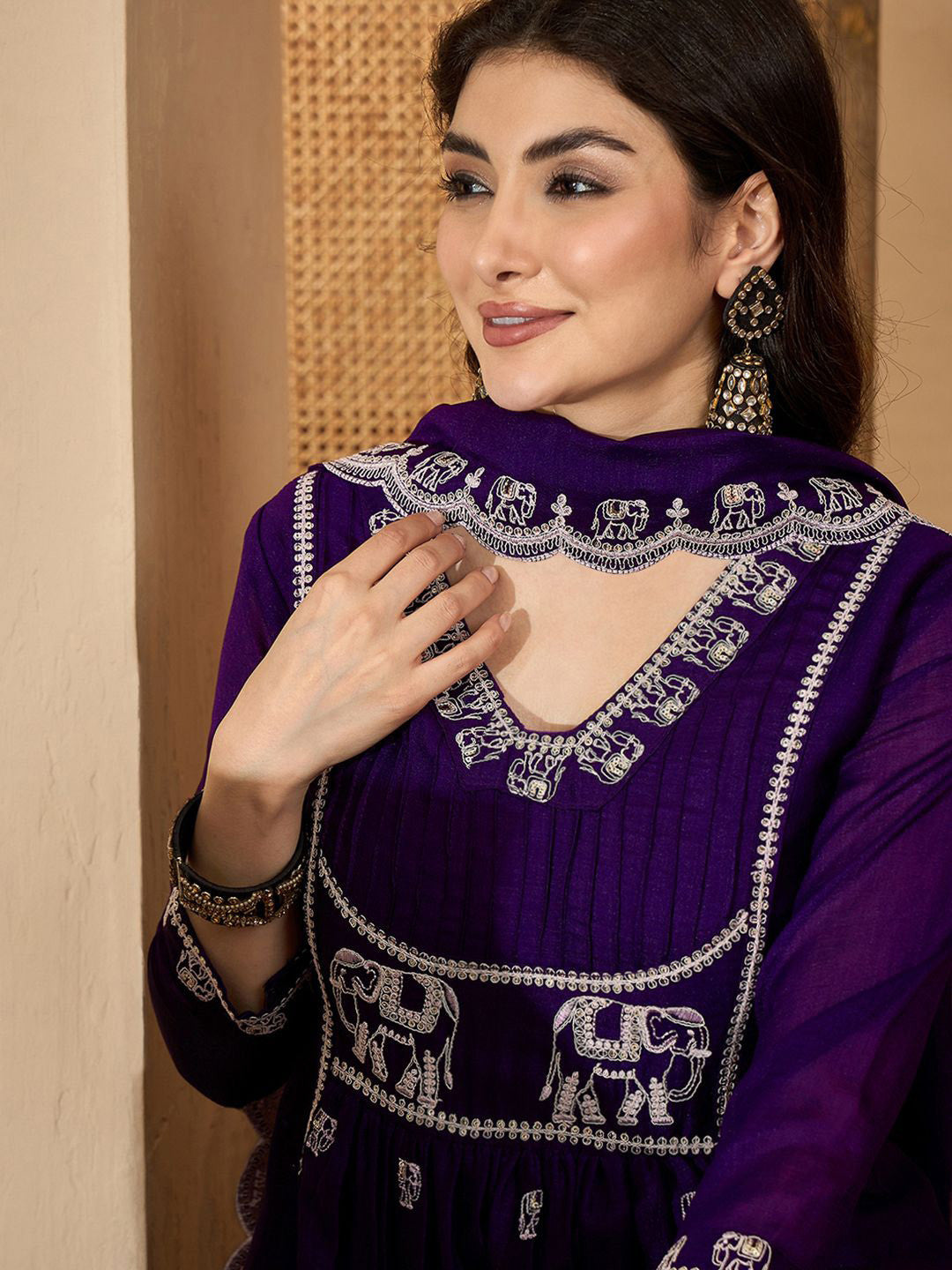 Ethnic Motifs Embroidered Pleated Sequinned A-Line Kurta With Trousers & Dupatta