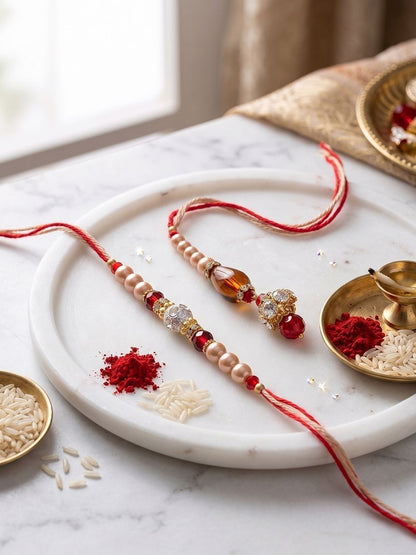 Dhiyona Set Of 2 Multicolor Artificial Stones & Beads Bhaiya Bhabhi Rakhi With Roli Chawal