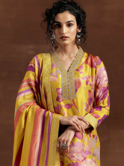 Women's LB Mustard Printed Silk Blend Straight Suit With Dupatta