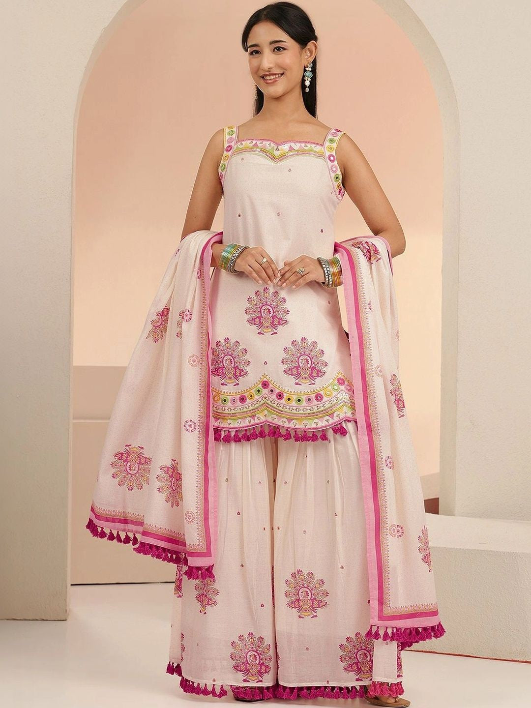 Off White Printed Cotton Sharara Suit Set with Tassel Details