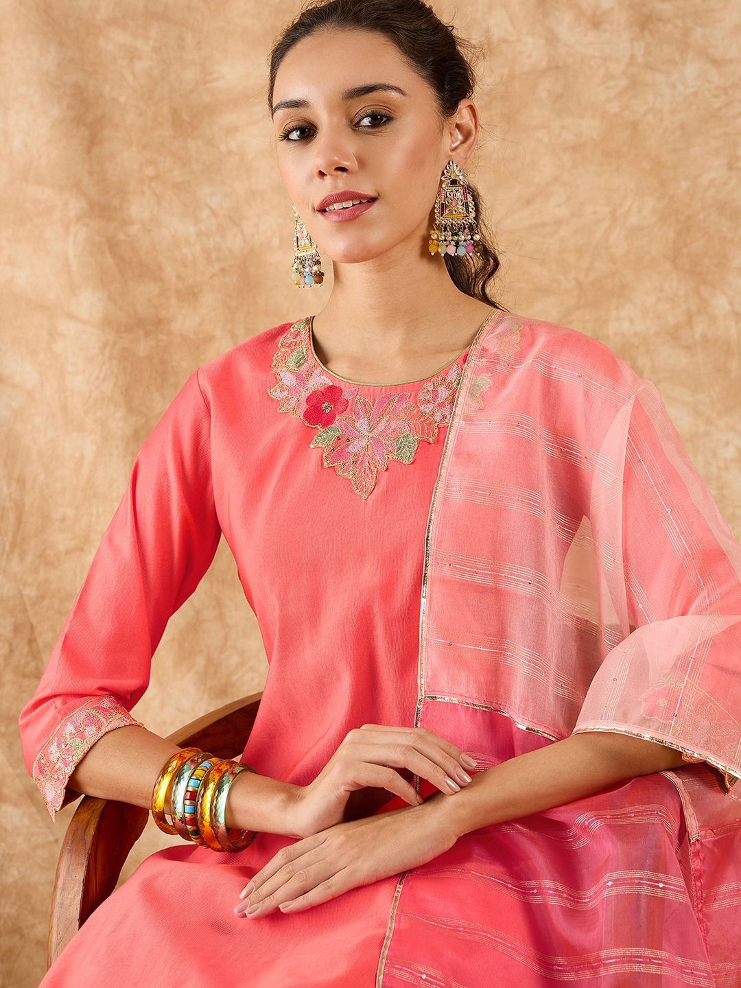 Dhiyona IE Floral Yoke Design Straight Sequinned Liva Kurta with Palazzos & Dupatta