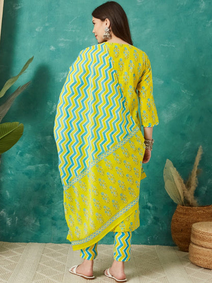 Floral Printed Cotton Round Neck Kurta & Trousers With Dupatta