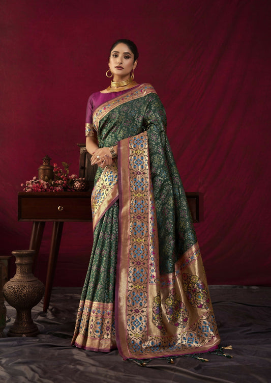 Women Paithani Bansi Bt Green Saree With Unstiched Blouse