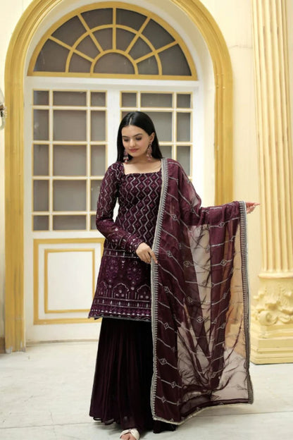 Dhiyona KL Chevron Embroidered Square Neck Sequinned Straight Kurta With Sharara & Dupatta