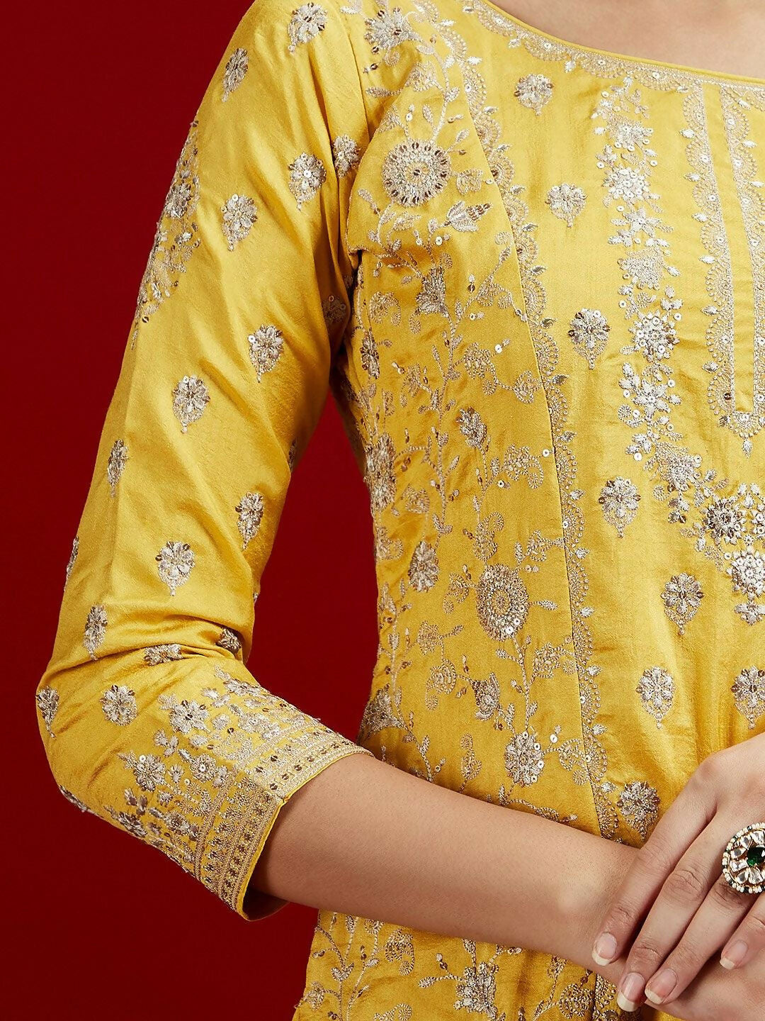 Women's LB Art Yellow Embroidered Silk Straight Suit With Dupatta