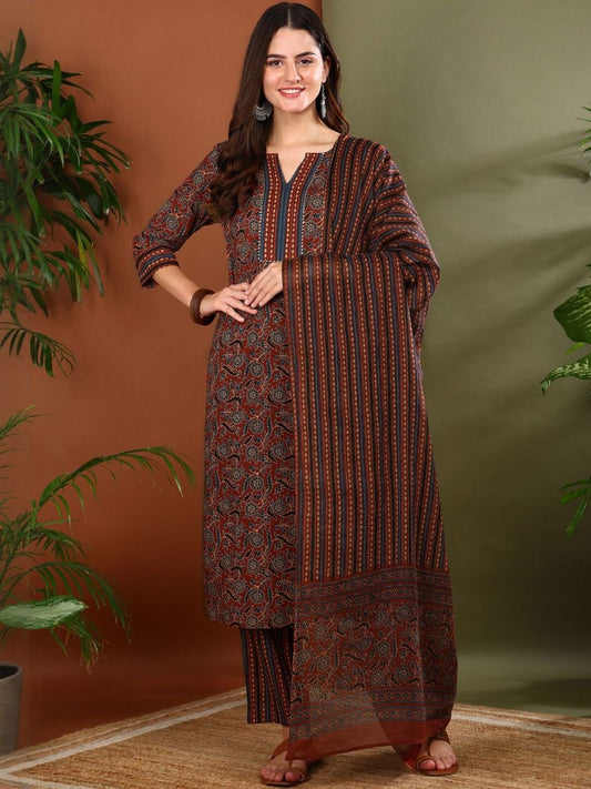 Dhiyona KL Ethnic Motifs Printed V-Neck Pure Cotton Straight Kurta With Trousers & Dupatta
