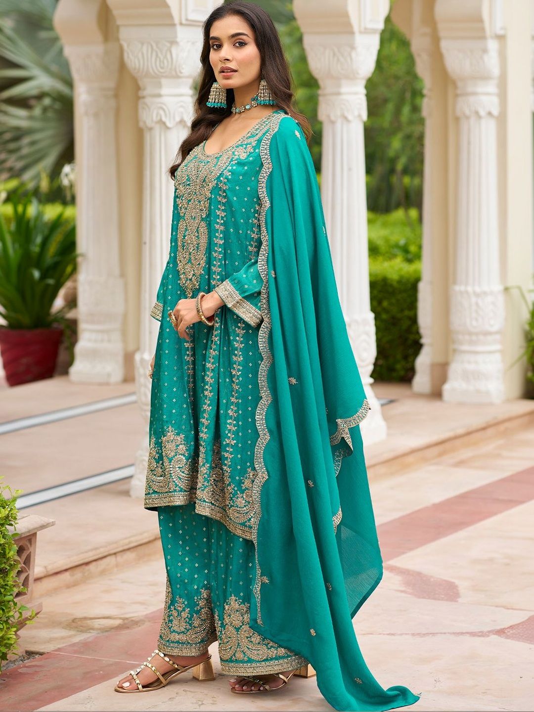 Dhiyona IE Women Ethnic Motifs Embroidered Regular Thread Work Kurta with Sharara & With Dupatta