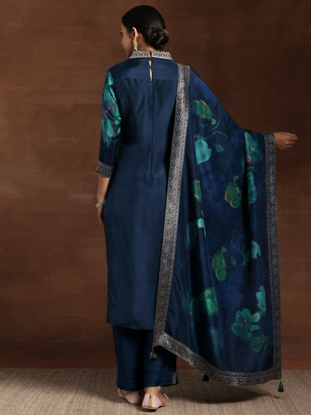 Women's LB Blue Printed Silk Blend Straight Suit With Dupatta