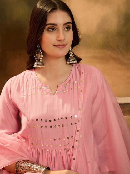 Dhiyona SN Notch Neck Sequinned Empire A-Line Kurta & Palazzo With Dupatta