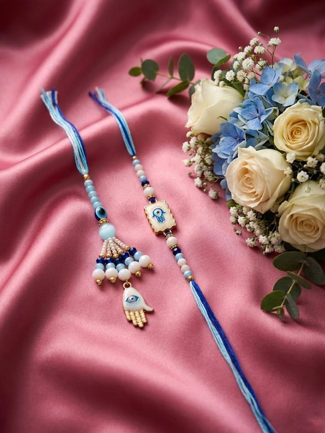 Dhiyona Set Of 2 Evil Eye Hand Design Bhaiya Bhabhi Rakhi With Roli Chawal Chandan Mishri