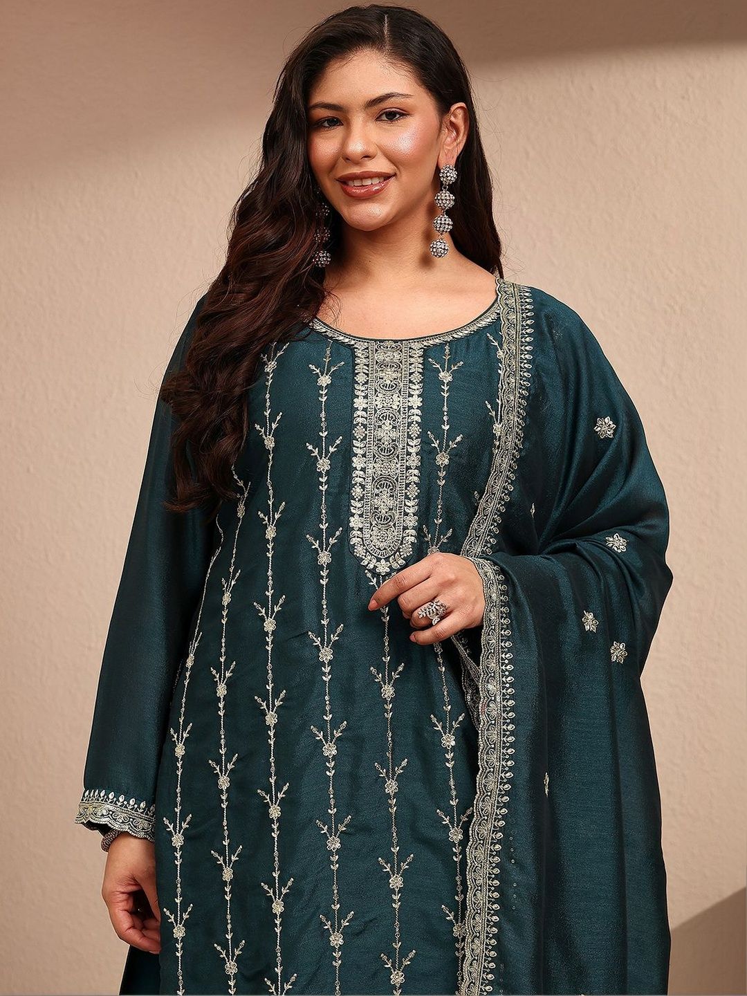 Dhiyona Women's Ethnic Motifs Embroidered Regular Thread Work Kurta with Palazzos & With Dupatta