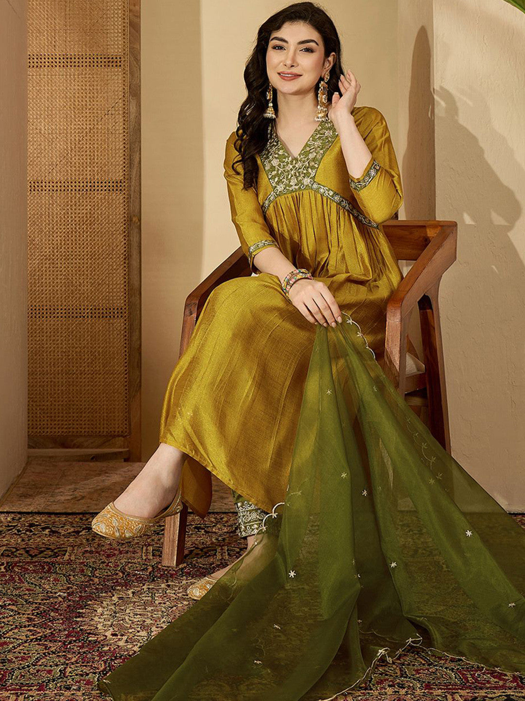 Floral Embroidered V-Neck Empire Sequinned A-Line Kurta & Trousers With Dupatta